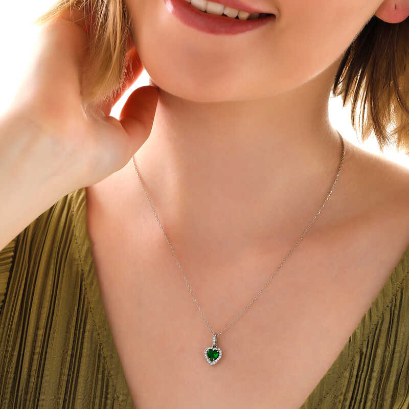 Silver Green Stone Heart Women’s Necklace