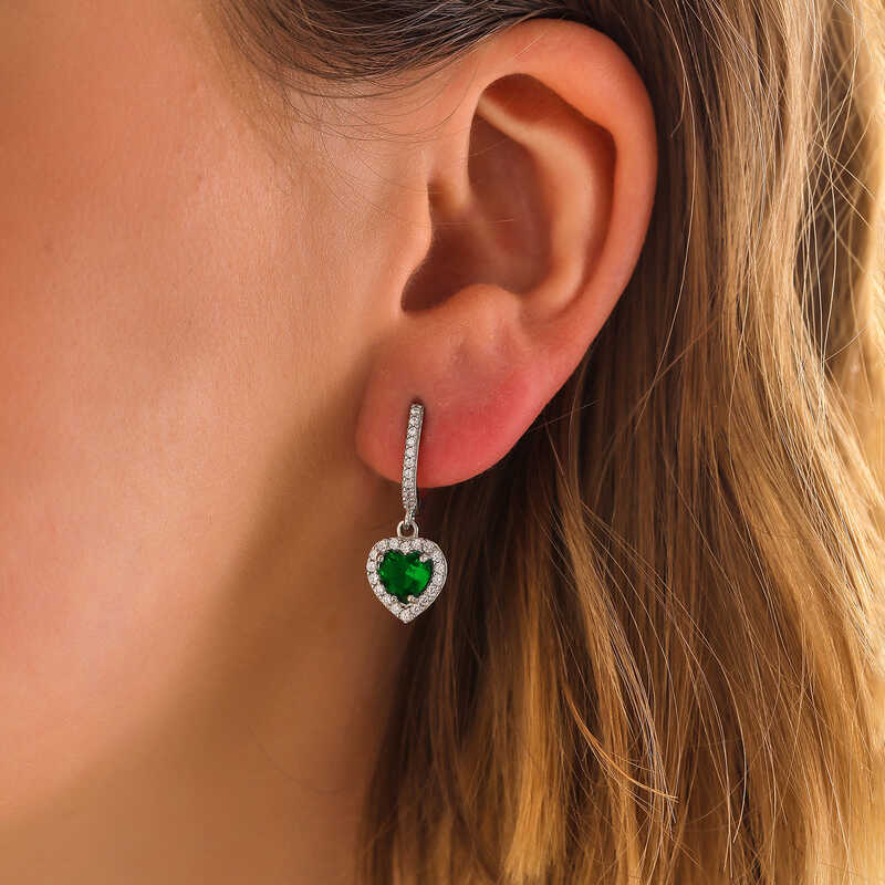 Silver Green Stone Heart Women’s Earrings