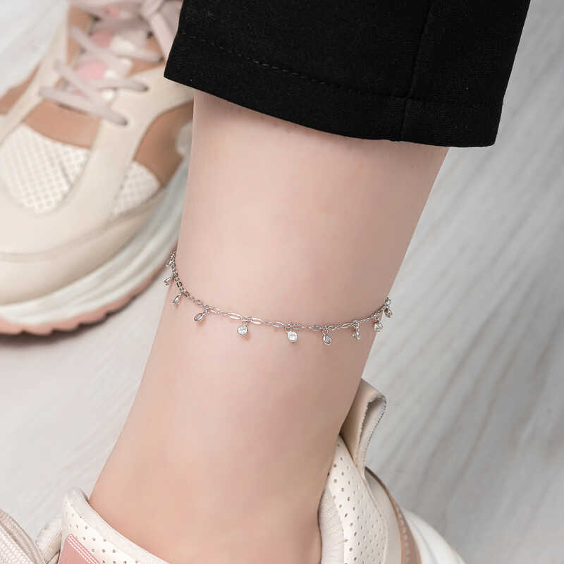 Silver Round Zircon Stone Anklet