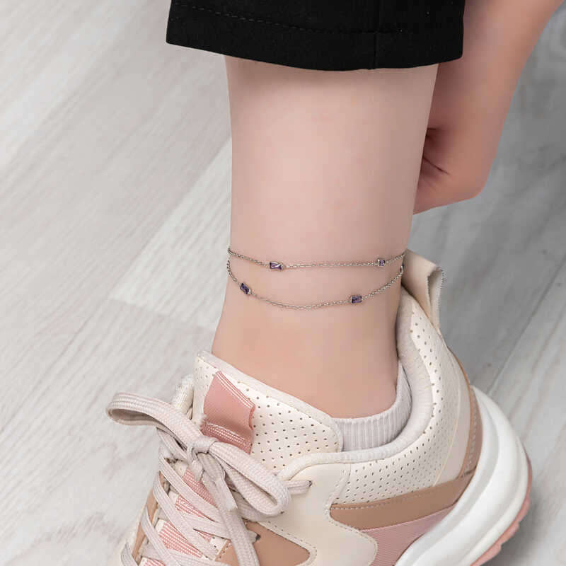Silver Double Chain Square Lilac Stone Anklet