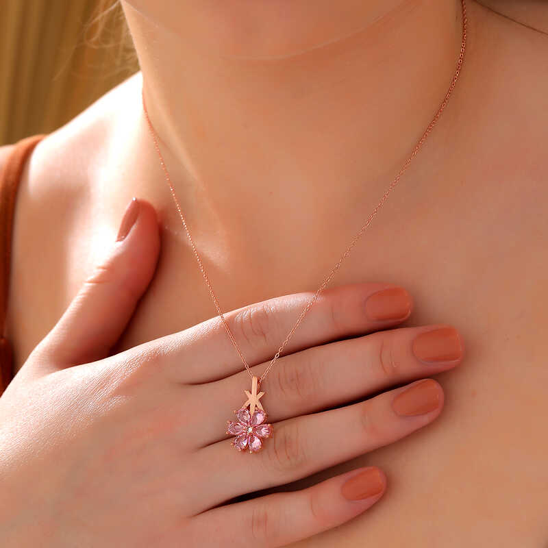 Silver Rose Pink Love Flower Women’s Necklace
