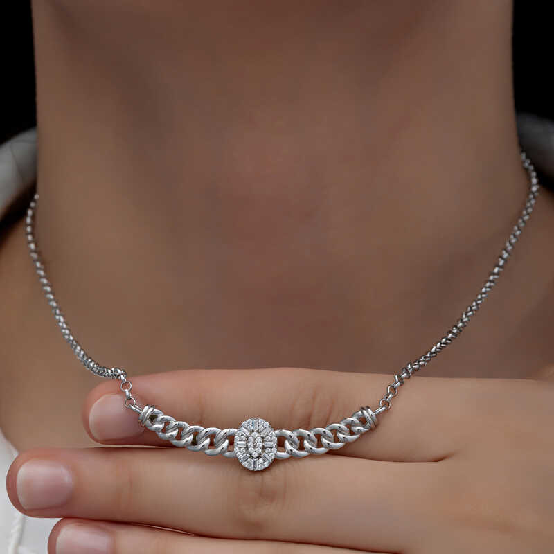 Silver Gurmet Chain Oval Baguette Stone Women’s Necklace