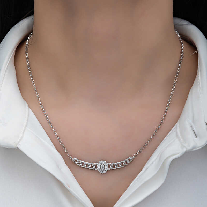 Silver Gurmet Chain Oval Baguette Stone Women’s Necklace