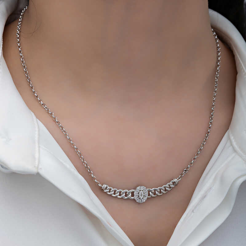 Silver Gurmet Chain Oval Baguette Stone Women’s Necklace