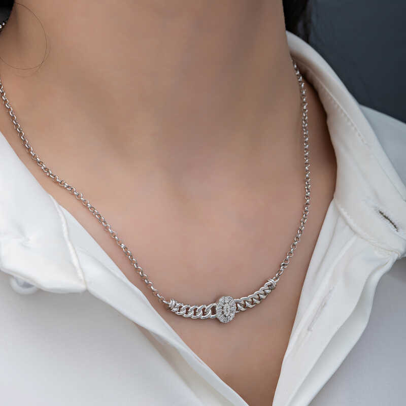 Silver Gurmet Chain Oval Baguette Stone Women’s Necklace