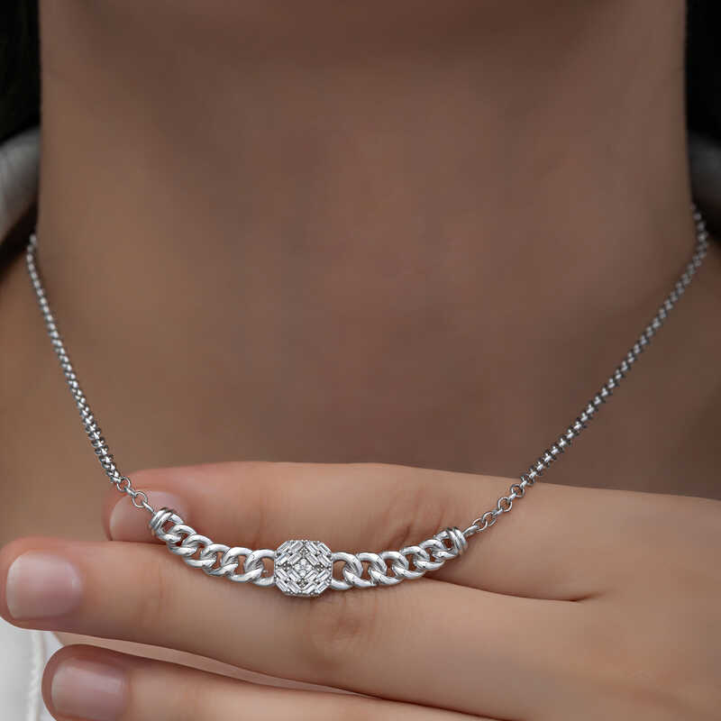 Silver Gurmet Chain Square Baguette Stone Women’s Necklace