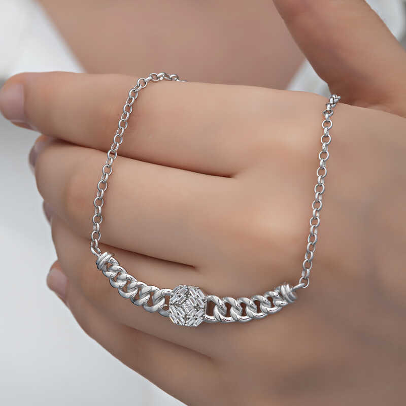 Silver Gurmet Chain Square Baguette Stone Women’s Necklace