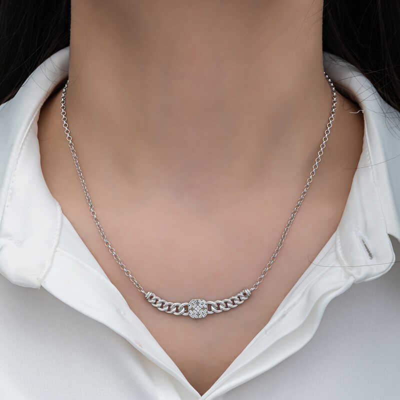 Silver Gurmet Chain Square Baguette Stone Women’s Necklace
