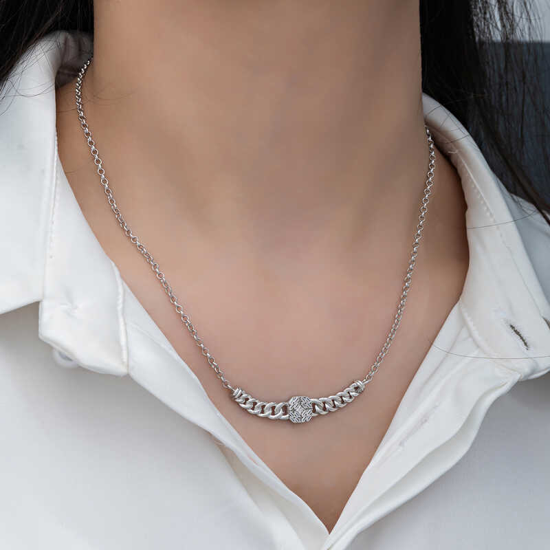 Silver Gurmet Chain Square Baguette Stone Women’s Necklace