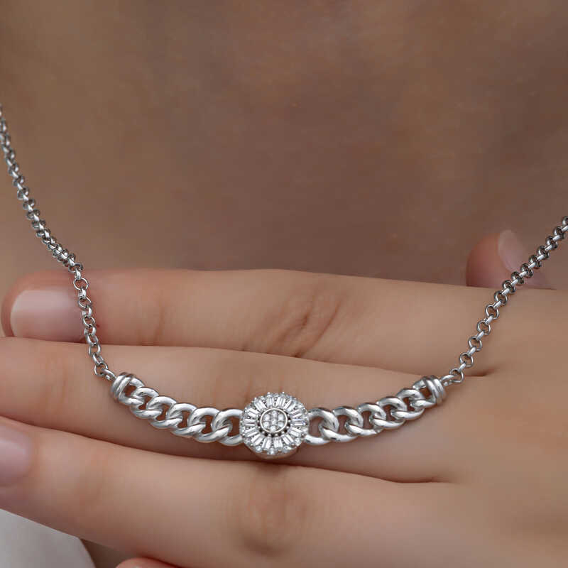 Silver Gurmet Chain Round Baguette Stone Women’s Necklace