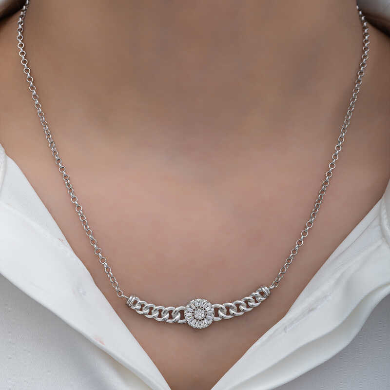 Silver Gurmet Chain Round Baguette Stone Women’s Necklace