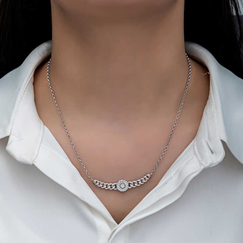 Silver Gurmet Chain Round Baguette Stone Women’s Necklace