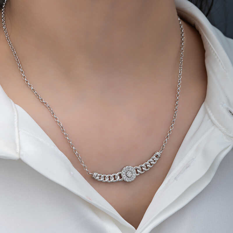 Silver Gurmet Chain Round Baguette Stone Women’s Necklace