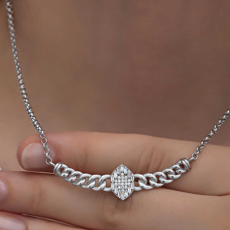 Silver Gurmet Chain Baguette Stone Women’s Necklace