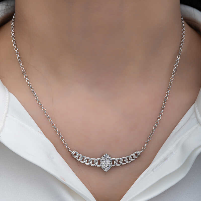 Silver Gurmet Chain Baguette Stone Women’s Necklace