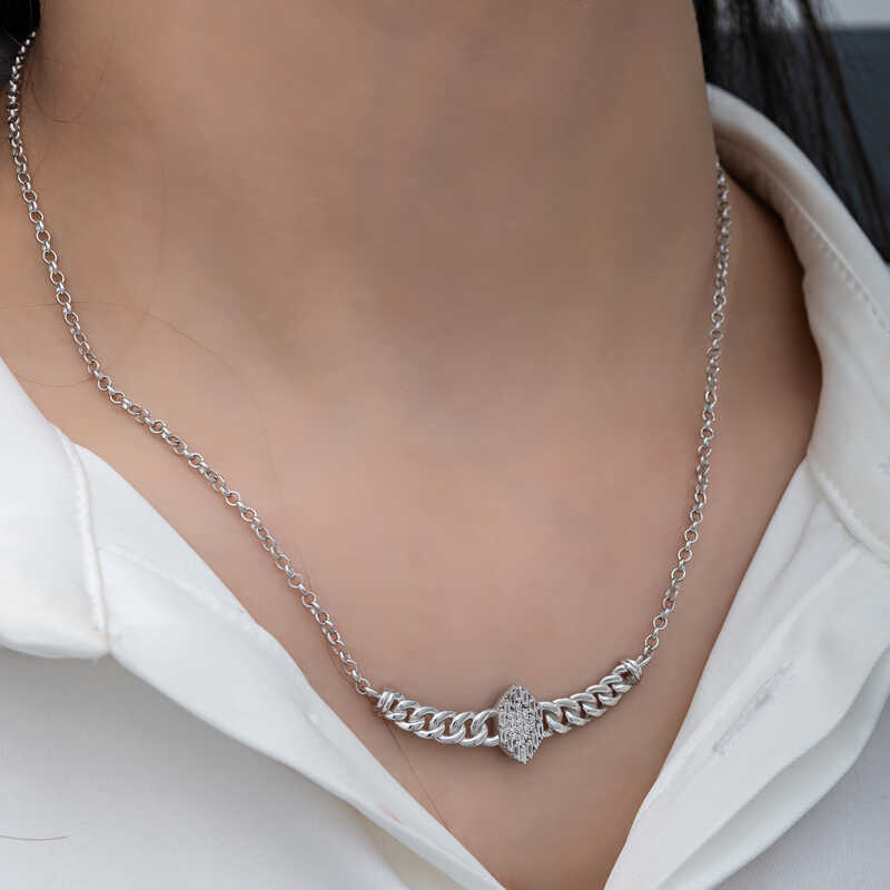 Silver Gurmet Chain Baguette Stone Women’s Necklace