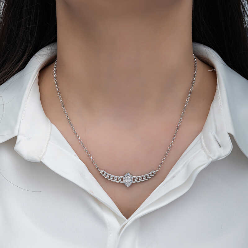 Silver Gurmet Chain Baguette Stone Women’s Necklace