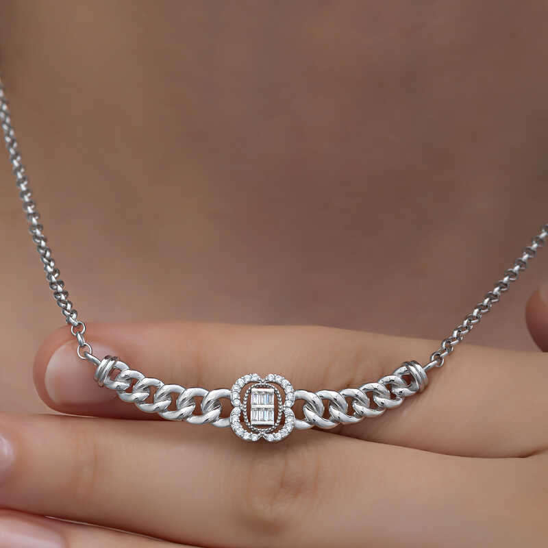 Silver Gurmet Chain Baguette Stone Women’s Necklace