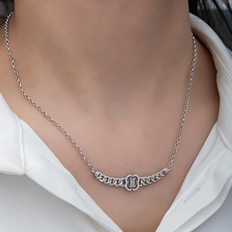 Silver Gurmet Chain Baguette Stone Women’s Necklace