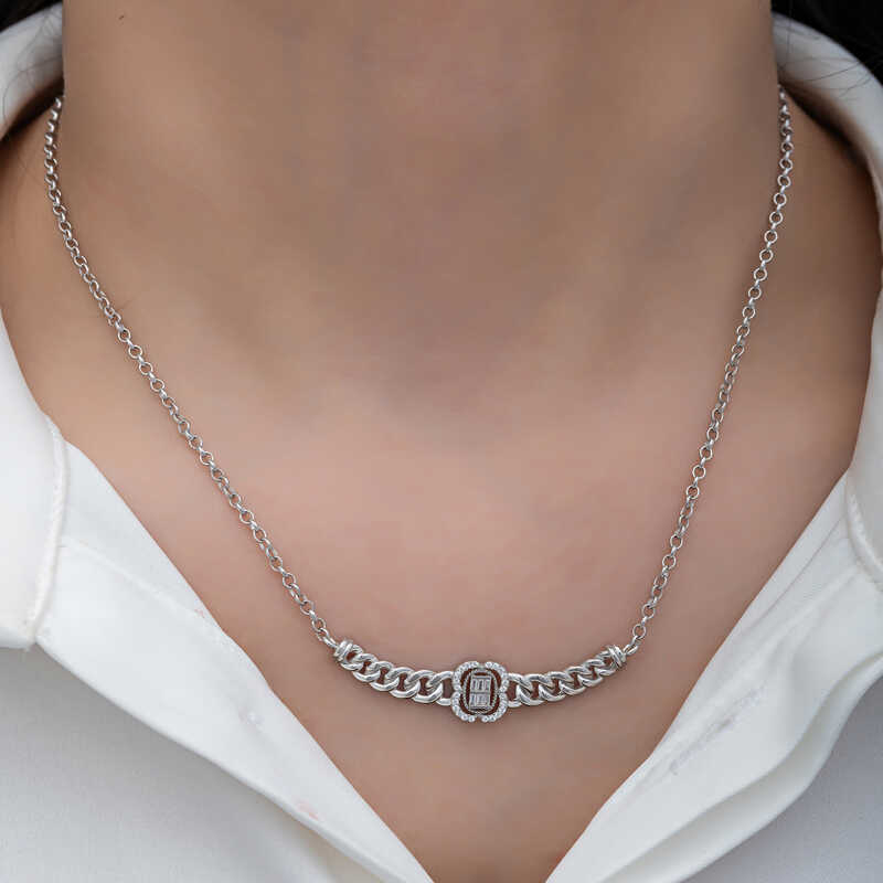 Silver Gurmet Chain Baguette Stone Women’s Necklace