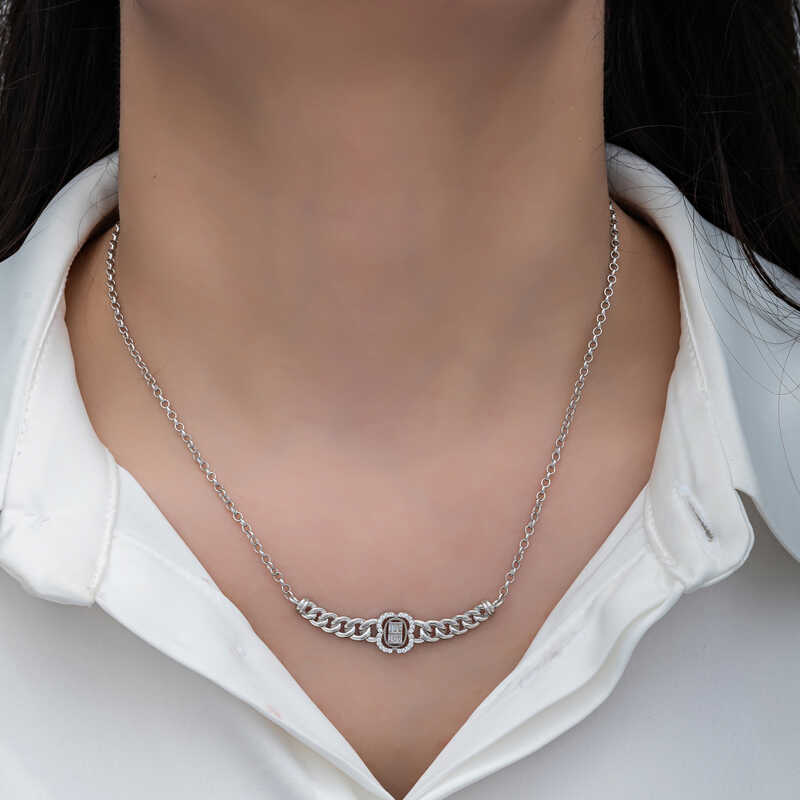 Silver Gurmet Chain Baguette Stone Women’s Necklace