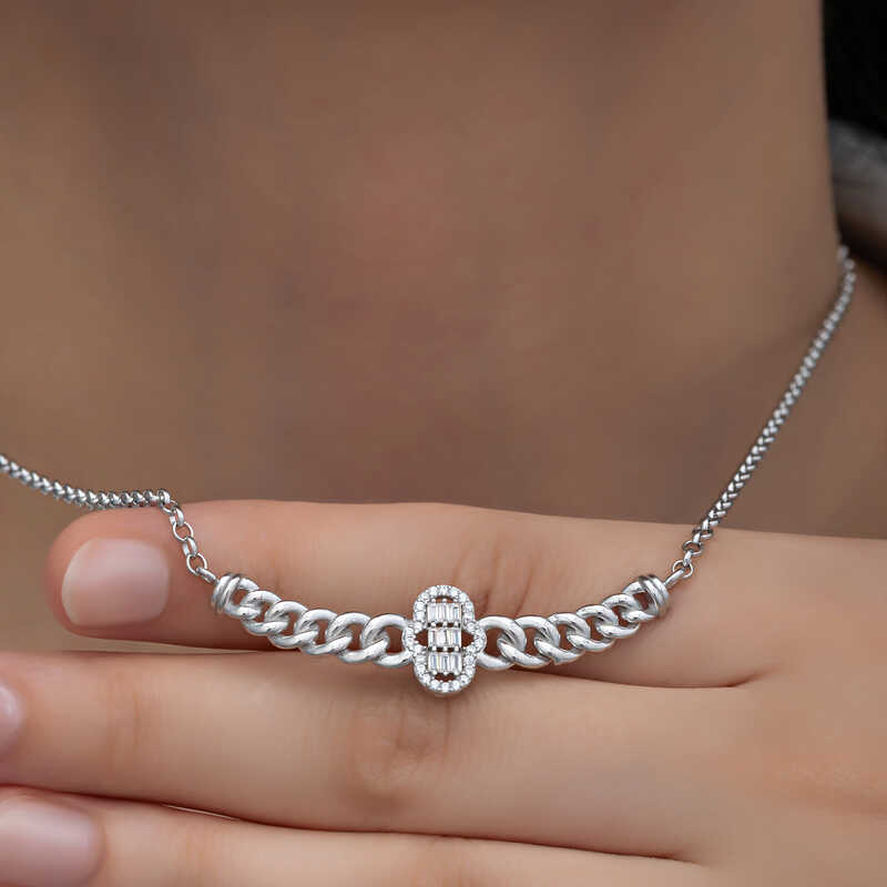 Silver Gurmet Chain Fatima Hand Baguette Stone Women’s Necklace