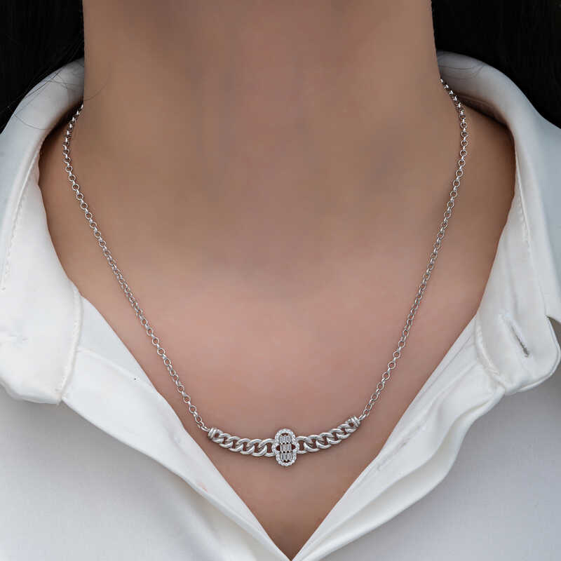 Silver Gurmet Chain Fatima Hand Baguette Stone Women’s Necklace