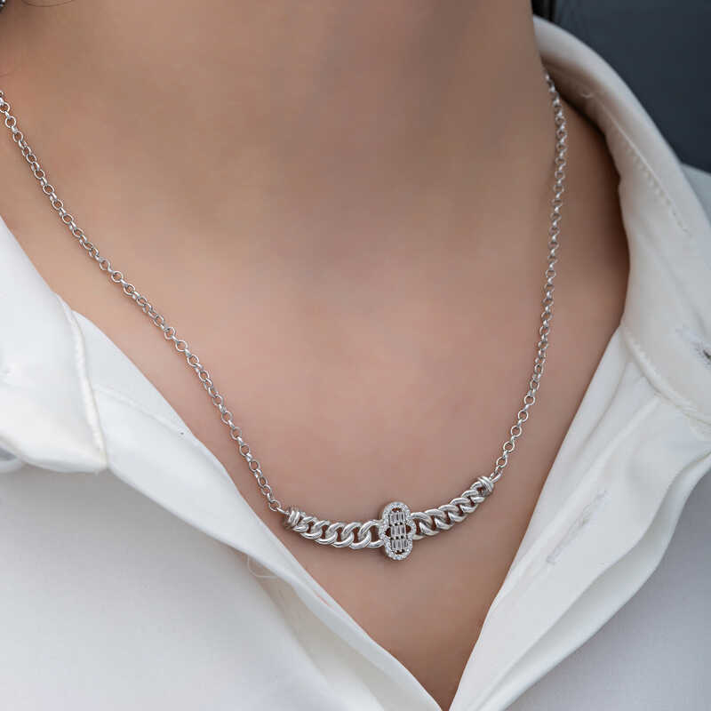 Silver Gurmet Chain Fatima Hand Baguette Stone Women’s Necklace