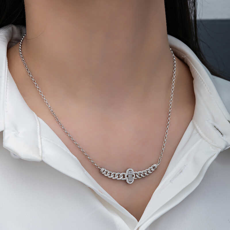 Silver Gurmet Chain Fatima Hand Baguette Stone Women’s Necklace