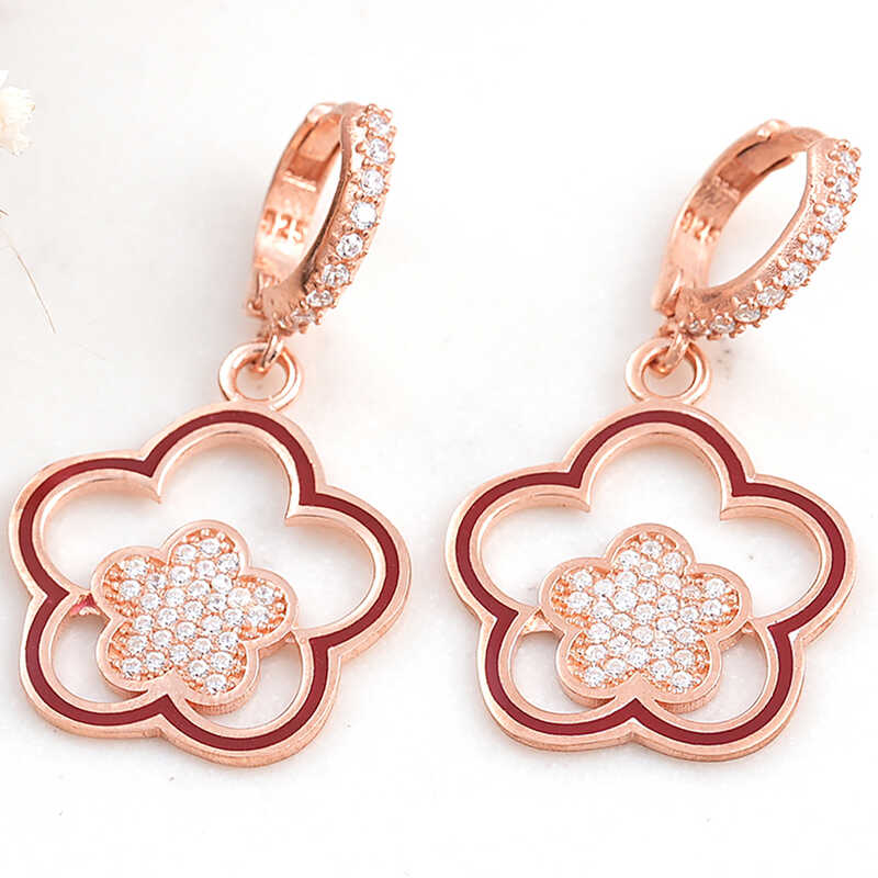 Silver Rose Dangle Flower Patterned Women’s Earrings