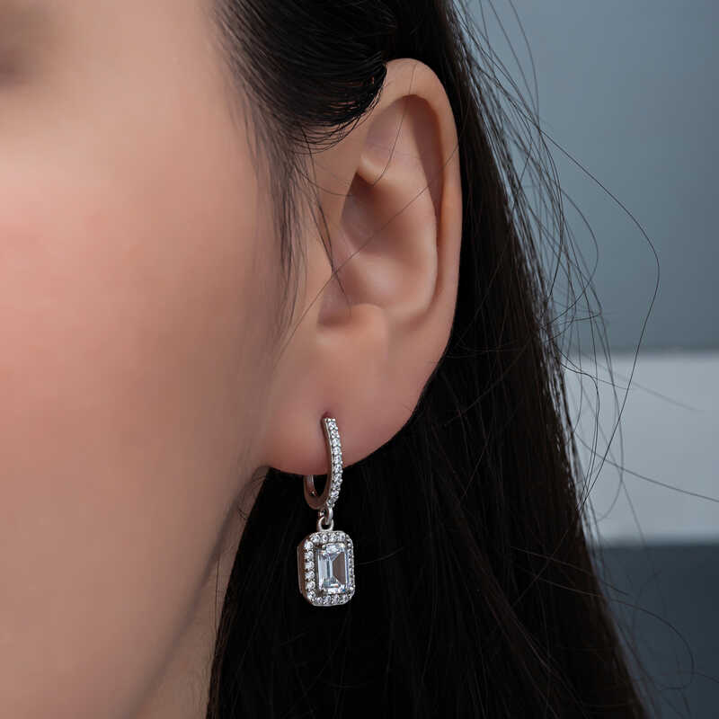 Silver White Baguette Stone Dangle Women’s Earrings