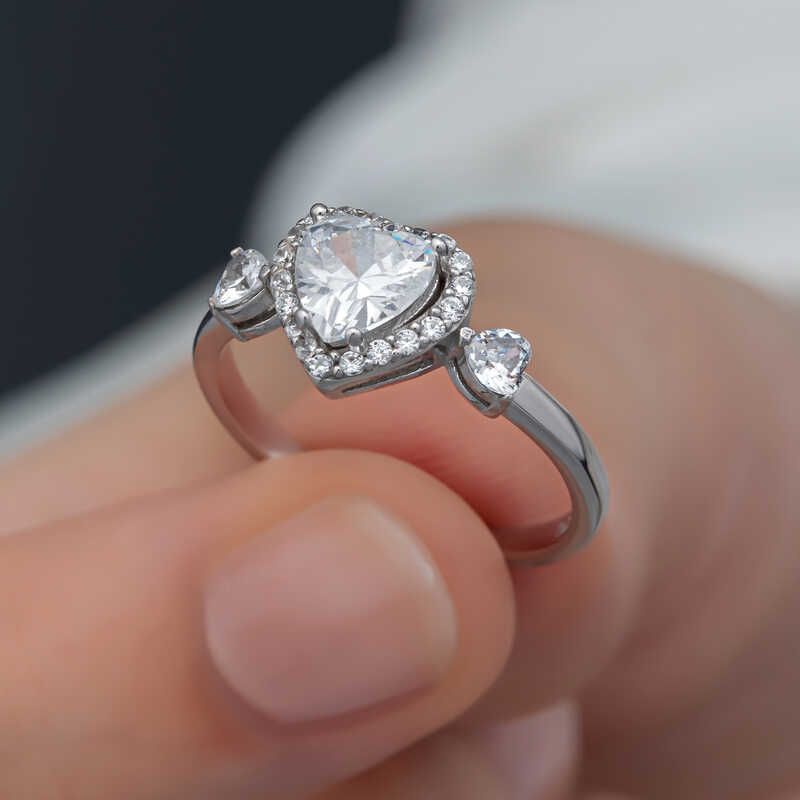 Silver White Stone Heart Women’s Ring