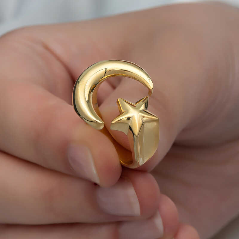Silver Gold Crescent Star Women’s Ring