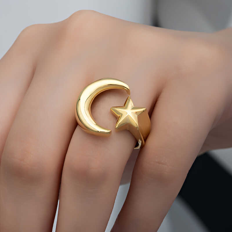 Silver Gold Crescent Star Women’s Ring