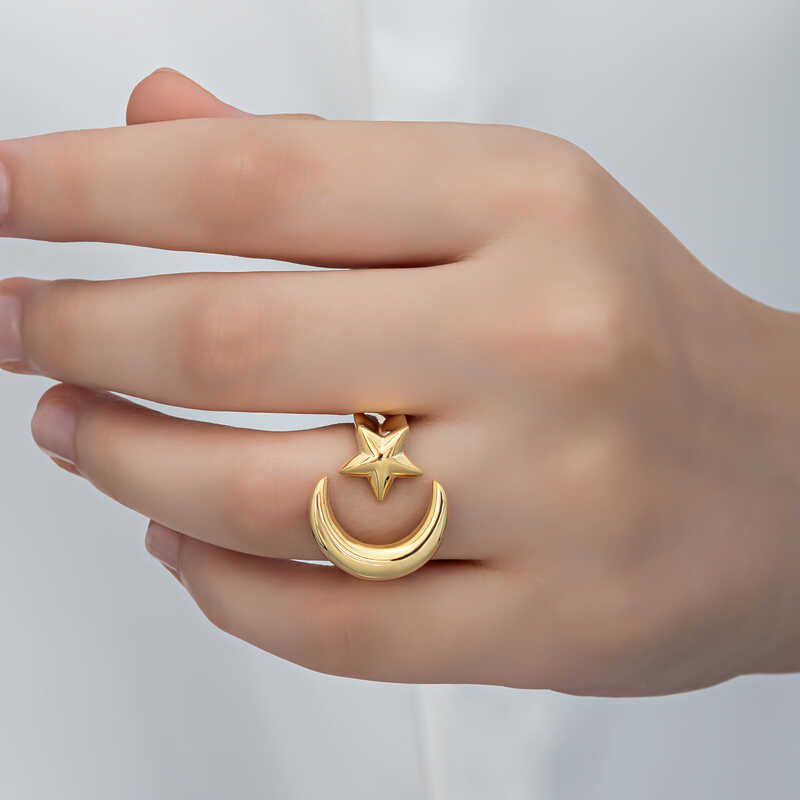 Silver Gold Crescent Star Women’s Ring