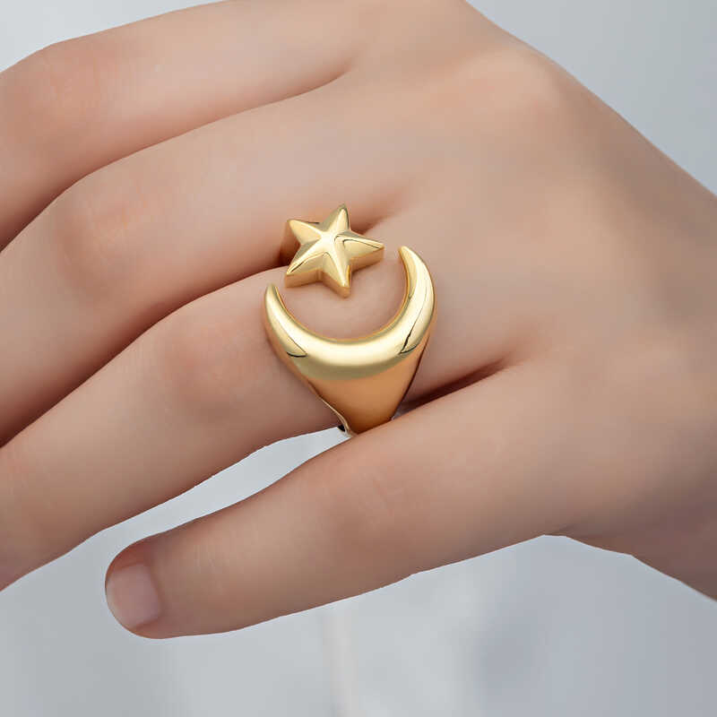 Silver Gold Crescent Star Women’s Ring