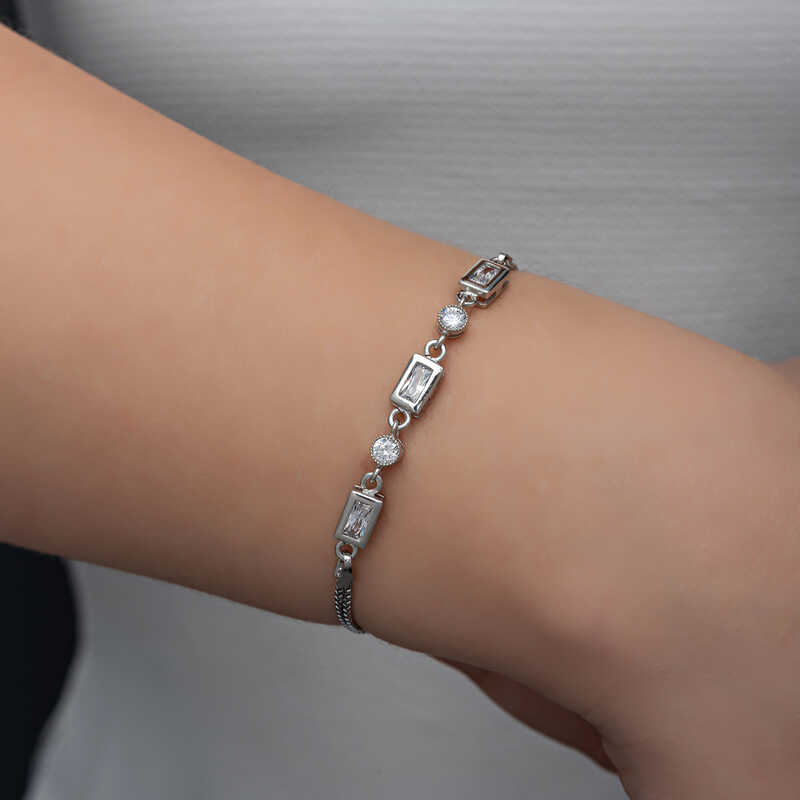 Silver Rectangular Zircon Stone Women’s Bracelet
