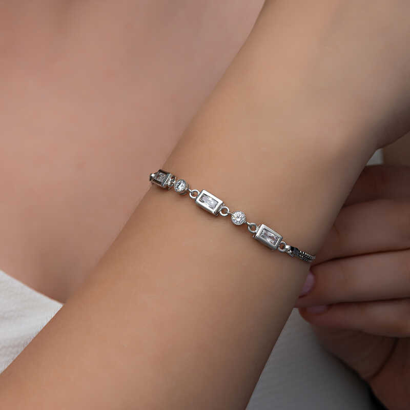Silver Rectangular Zircon Stone Women’s Bracelet