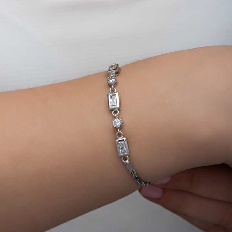 Silver Rectangular Zircon Stone Women’s Bracelet