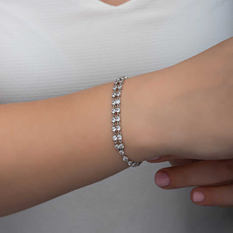 Silver Zircon Stone Double Row Women’s Bracelet