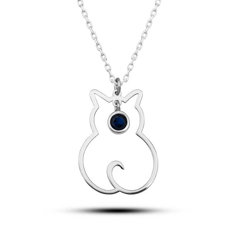 Silver Eylül Bear Birth Stone Cat Women's Necklace