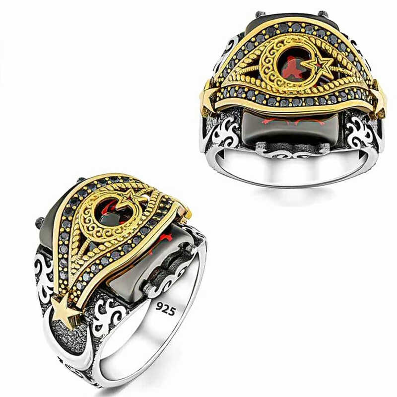 Silver Red Stone Crescent Star Men’s Ring