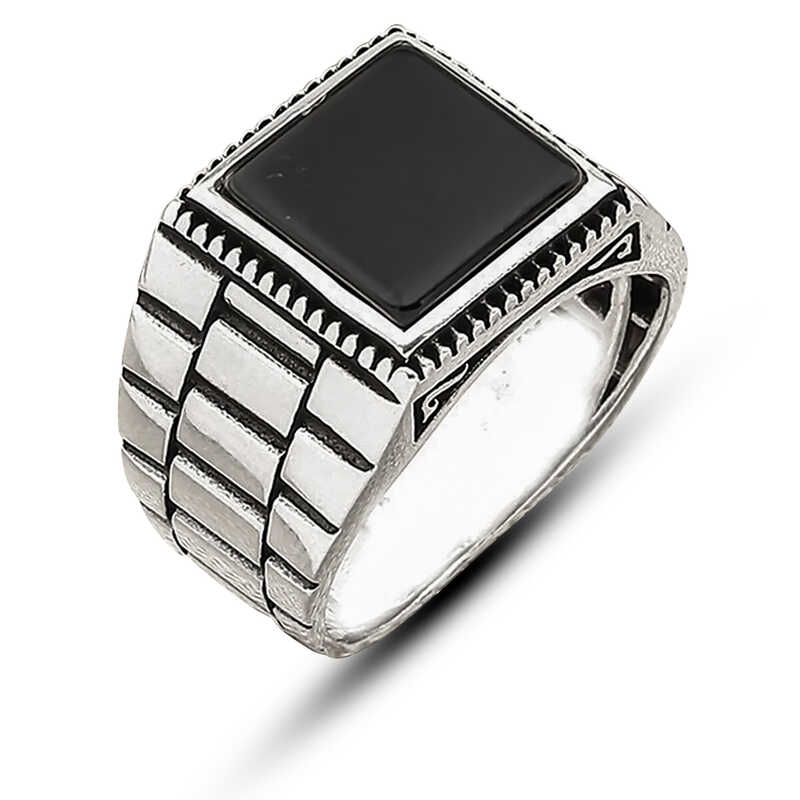 ​Silver Onyx Stone-set Patterned Men's Ring