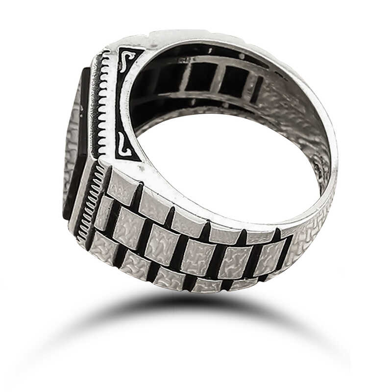 Silver Onyx Stone Patterned Men’s Ring