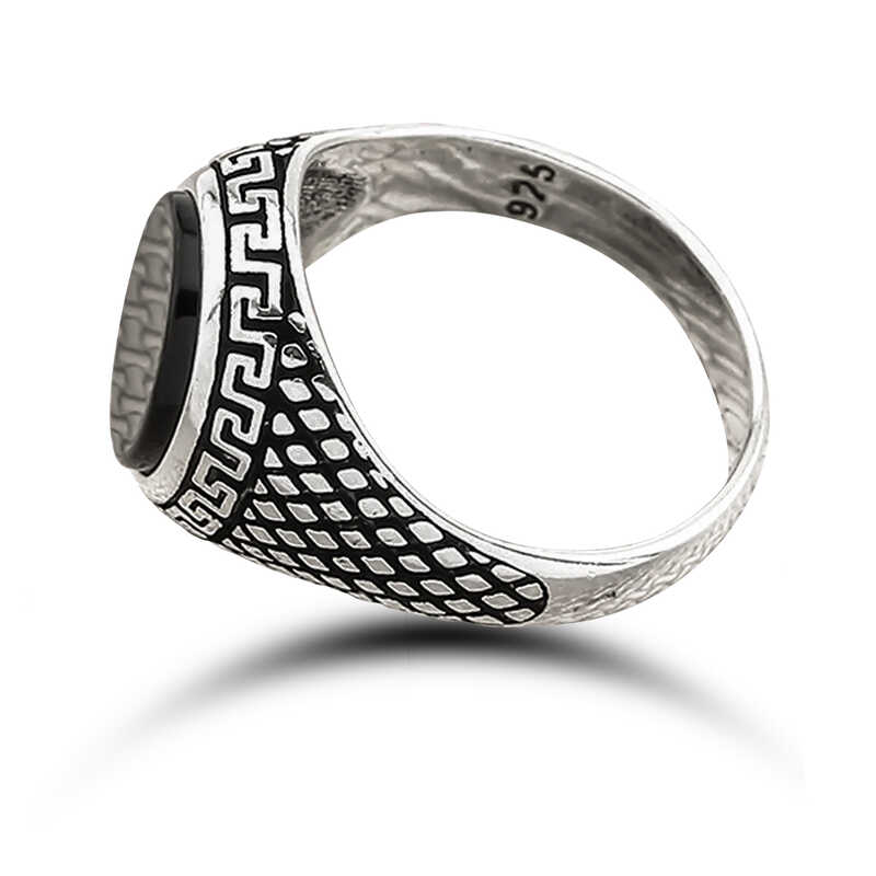 Silver Onyx Stone Patterned Men’s Ring