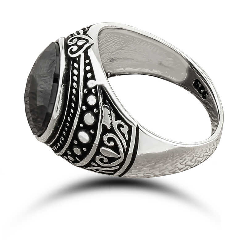 Silver Black Zircon Stone Oval Men’s Ring