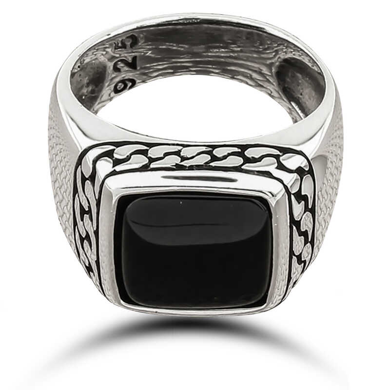 Silver Onyx Stone Patterned Men’s Ring