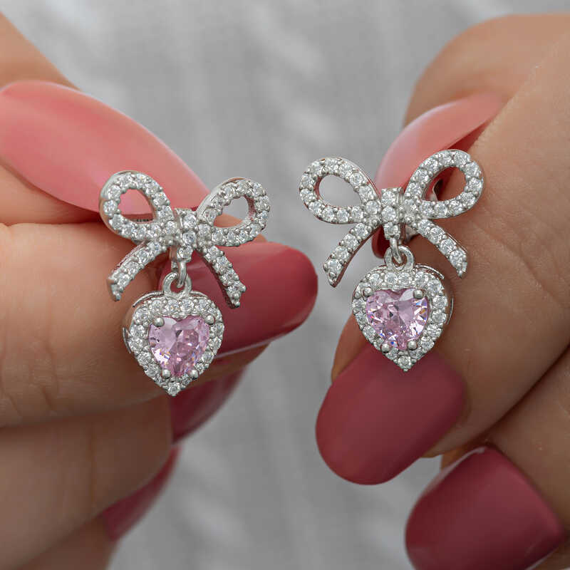 Silver Bow Pink Stone Heart Stud Women’s Earrings