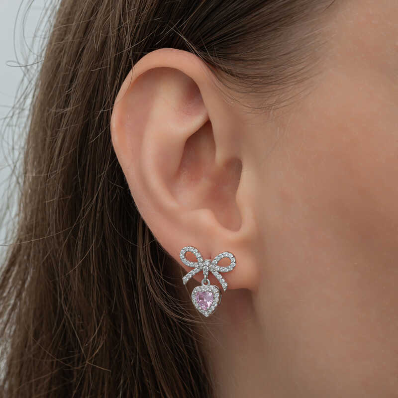Silver Bow Pink Stone Heart Stud Women’s Earrings