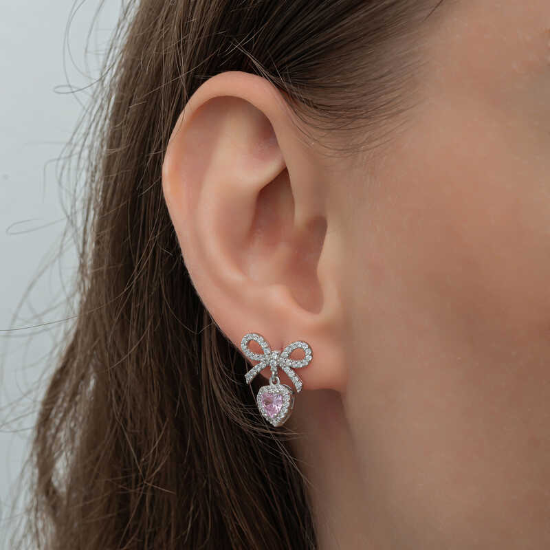 Silver Bow Pink Stone Heart Stud Women’s Earrings